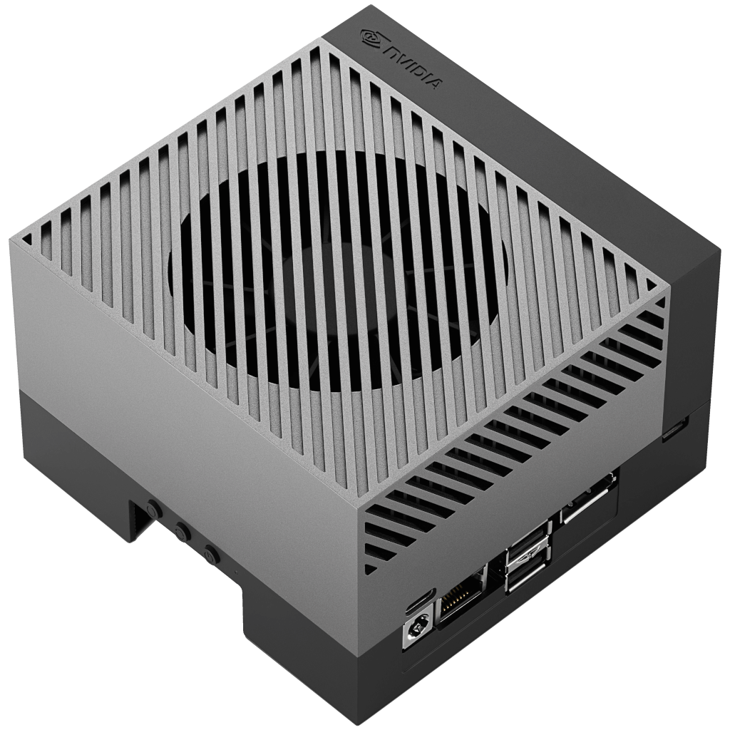 The grey and chunky front of the NVIDIA Jetson AGX Orin single-board computer development kit.