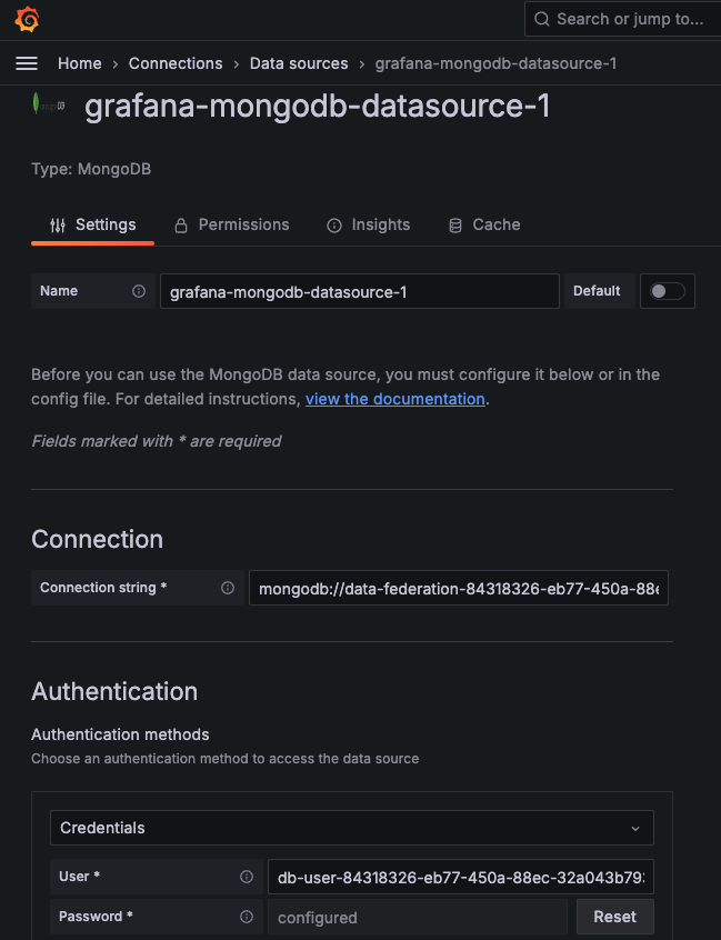 The Grafana data source plugin configuration page, showing the connection string and username filled in